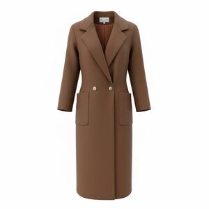Sophisticated Brown Wool Double Breasted Long Overcoat with Black Velvet Collar